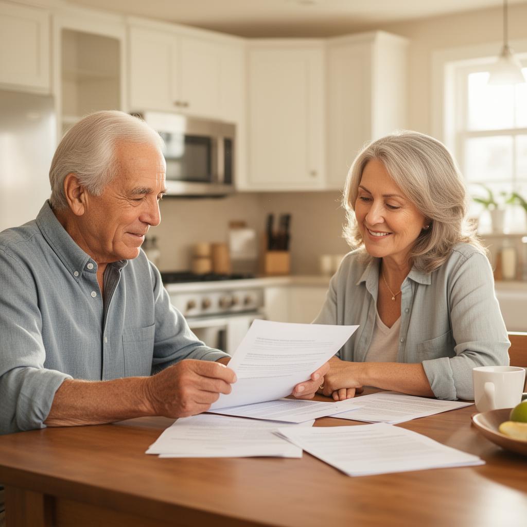 Senior couple reviewing life insurance planning documents at home
